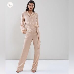 Reiss Regina Satin Jumpsuit Romper Pink Nude Longsleeve Pleated Wide Leg 0
